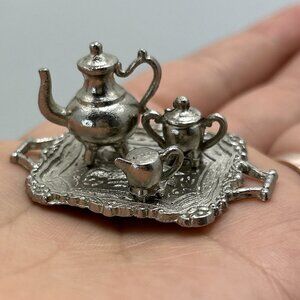 Dollhouse Miniature Tea Set Silver Tray Teapot Cream Sugar Ornate Coffee Vintage